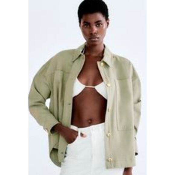 Zara Shacket Size Large Light Green 100% Cotton Jacket - Picture 1 of 5
